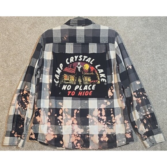 OOAK Upcycle Distressed Flannel Shacket Jason Friday the 13th Horror Boyfriend L - Picture 1 of 12